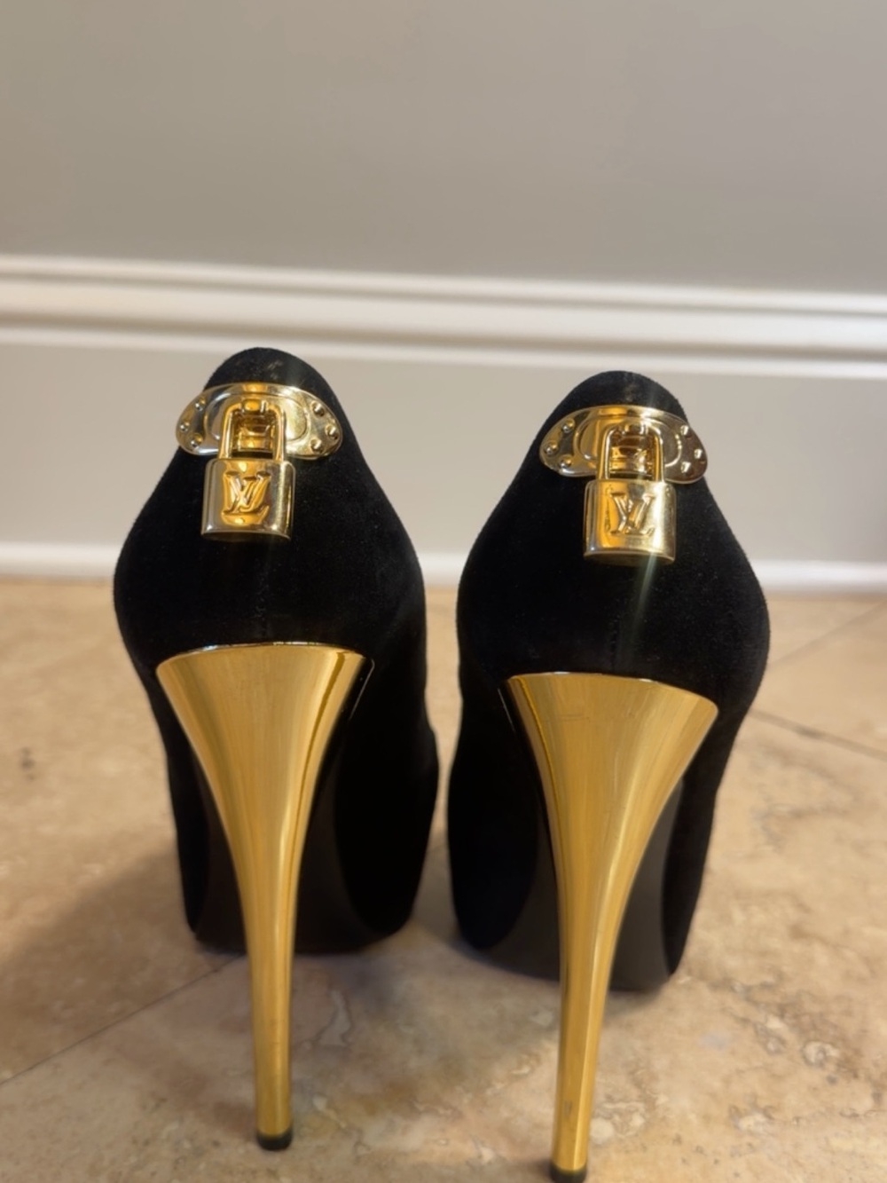 Louis Vuitton Black Suede Stiletto Heels with Gold Hardware